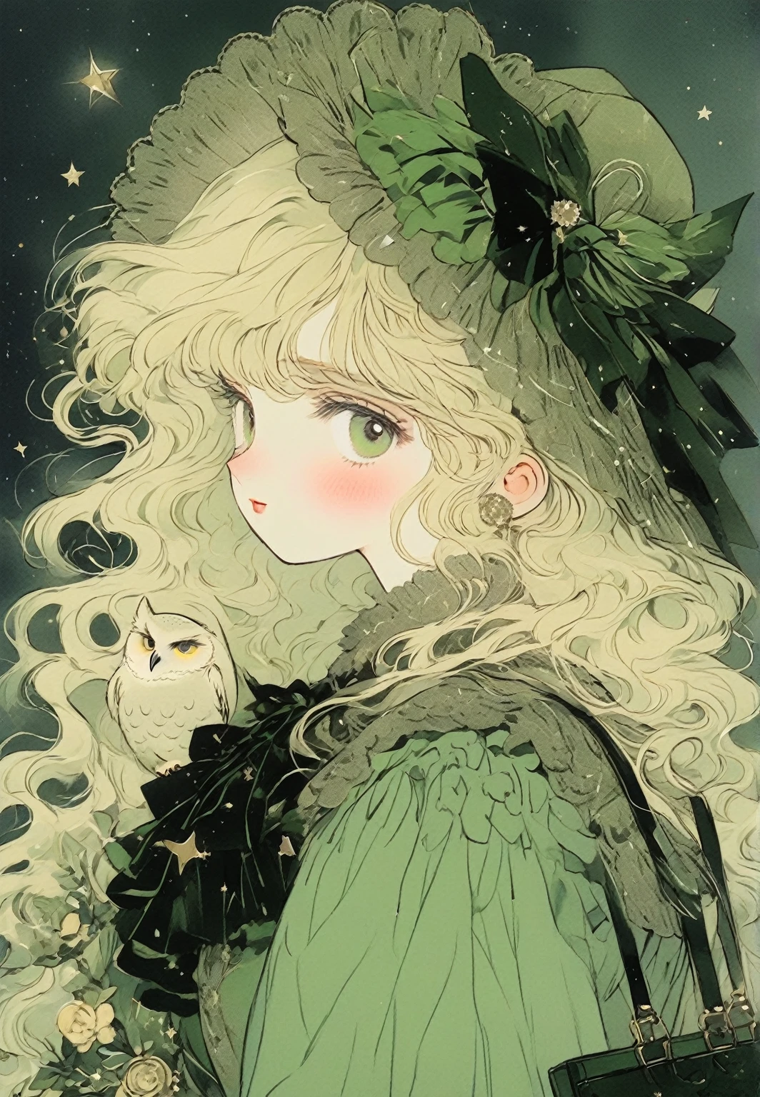 (masterpiece, best quality,Ultra_  Details, high definition , Nonsense:1.2), 1 girl , _d,  blonde alone_hair, green_background, green_ owl under guard, green_ headwear, , bow, chest, owl under guard,  constellation, frills, gray_bow,  handbag ,  have ,  have _ribbon, open_mouth
 