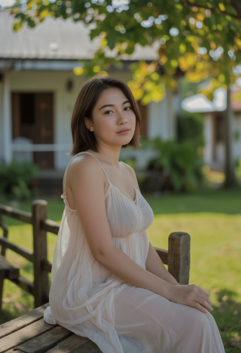 Beautiful malay girl, a bit curvy, short hair, wearing knee-lenght sleeveless chiffon sleepdress, sitting on wooden bench in front of village house, under the bayan tree, look at the viewer, natural morning light, realistic photography, wide angle shot, detailed facial features, intricate clothing folds, soft lighting, photorealistic, cinematic composition, high quality, 8k, masterpiece