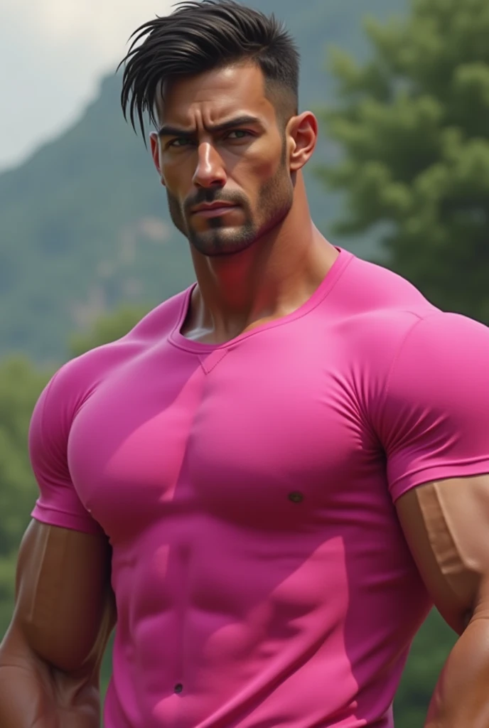 Muscular Arab man in a pink v-neck shirt exudes masculine energy with an intense gaze emphasized by moody dynamic lighting. The medium length hair and striking blue eyes are complemented by a double cleft-chin, all captured beautifully indoors.