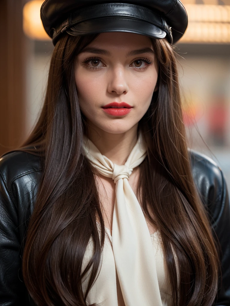 A half-body portrait of a gorgeous, stunning, long brown-haired Argentinian woman, straight hair with bangs, fair porcelain skin, elegant make-up with scarlet red lipstick, long black leather coat with buttons, white-pink sweater, black trousers, scarf, boots, black leathe newsboy cap, classic leather backpack, charming countenance, posing for camera, high resolution photograph, UHD, golden ratio, ultra fine details.
