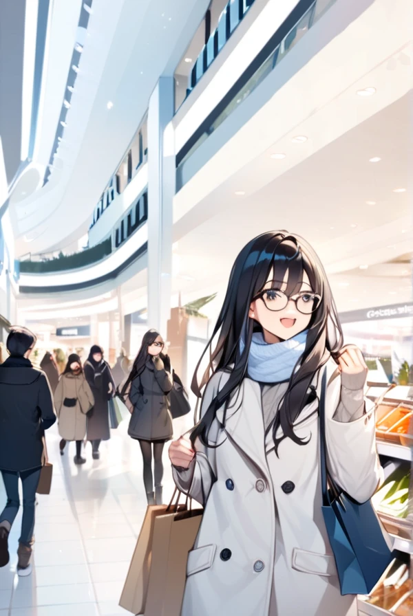 Black hair, long hair, glasses, winter clothes, shopping, shopping mall