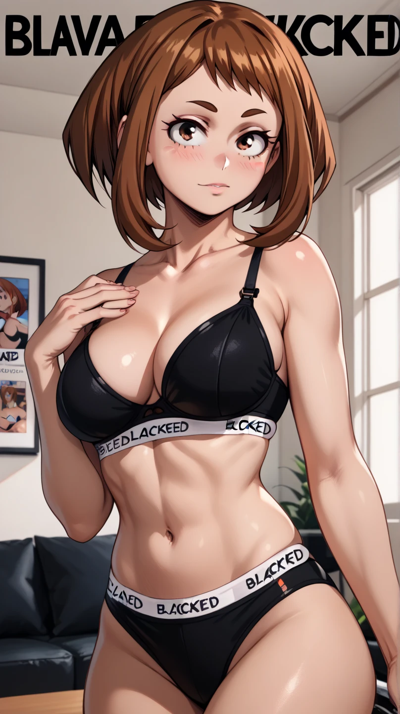 , ochako uraraka, brown eyes, brown hair, short hair, blush,  cleavage, indoor,hotel,   ((blacked,blacked cover,blacked bra,blacked clothing,blacked underwear)), seductive look, sexy pose 