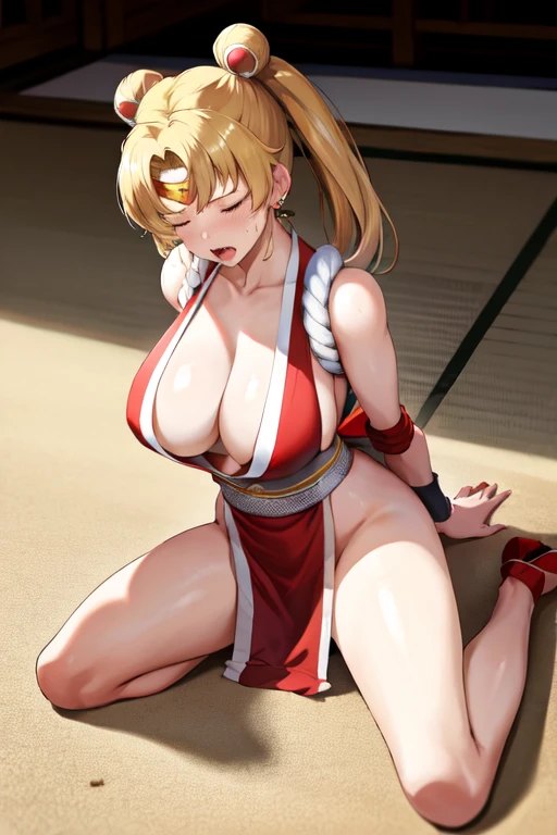 masterpiece, best quality, beautiful art, high resolution, well formed hands, body and fingers, 1 woman, solo, Sailor Moon, 31 years old, twin tails, blonde, hair buns, elbow gloves, earrings, cosplaying as Mai Shiranui , mai_shiranui_cosplay, adult, red sexy Japanese clothes, large and big breasted, cleavage, full body picture, hair ribbon, pelvic curtain, holding fans on her hands, gorgeous and bare legs and, thighs, sexy Japanese clothes, hair ornament , sexy and bare legs , hips and thighs,ryona , in peril, she is being beaten up by her opponent, closed eyes, she is knocked down and she stumbles alluringly on the floor  , slipping down and falling down on the floor, receiving the impact of her opponent's attacks, closed eyes, screaming in pain and agony, heroine in peril, ryona and perilous scene, bouncing breasts, exuding sensuality and allure, weak and helpless, martial arts tournament on the beach ryona , in peril, she is being beaten up by her opponent, closed eyes, she is knocked down and she stumbles alluringly on the floor , slipping down and falling down on the floor, receiving the impact of her opponent's attacks, closed eyes, screaming in pain and agony, heroine in peril, ryona and perilous scene, bouncing breasts, exuding sensuality and allure, sexy damsel in distress, weak and helpless, martial arts tournament on the beach shiranui mai \(*******\) 