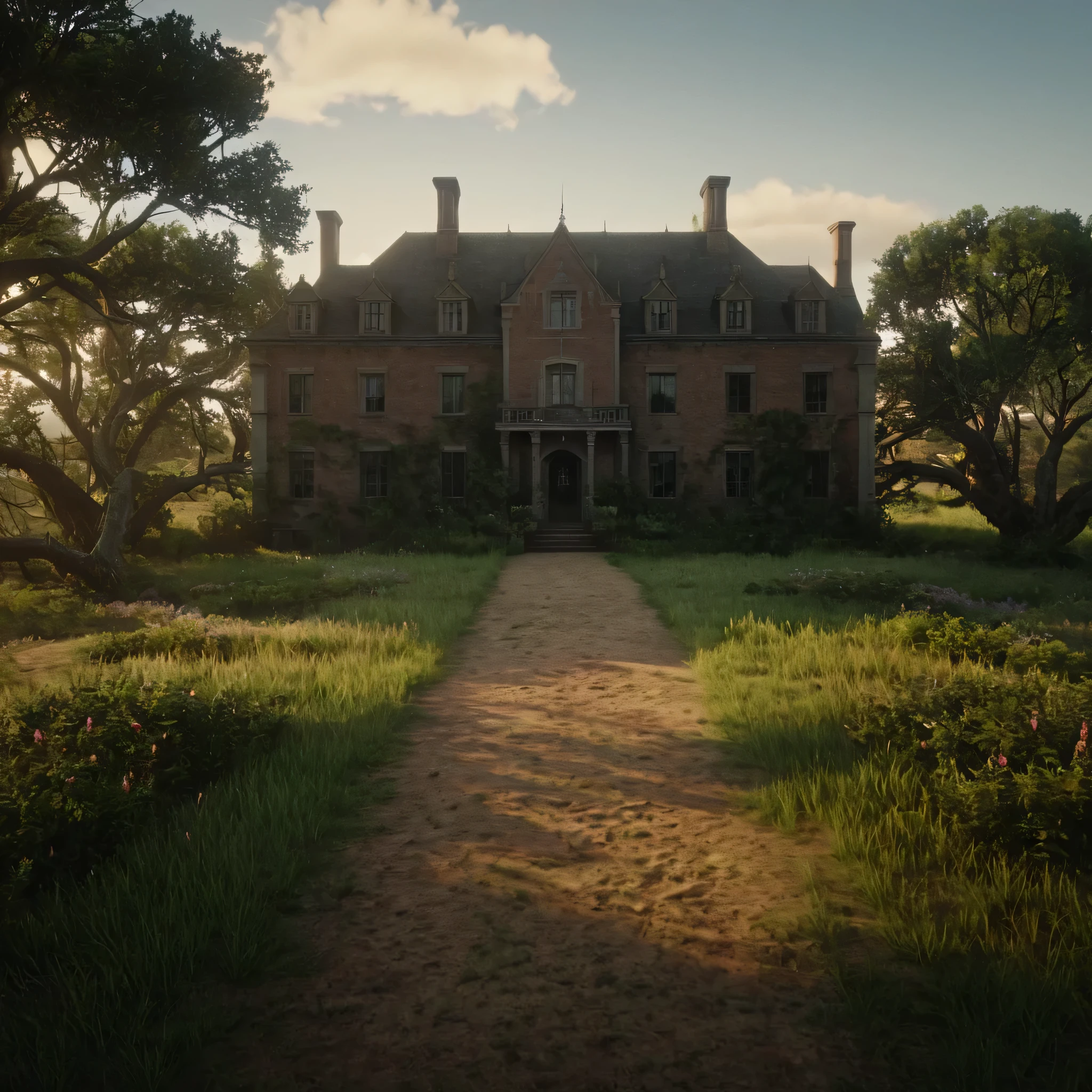 cinematic film still of cinematic film still of  big  Manor mansion with balcony 1900’s house  building gate at the end of pathway, trees and pathway leading towards house  tress surroundings it outdoors,sky,cloud,tree,grass,ground,wildflowers, wildlife, vehicle,building,scenery,motor vehicle,car,house,bicycle , epic, Western, adventures, outlaw, Red Dead, Western United States, wild west,  Open world, 1900's, realistic, cinematic, film look, dramatic light, partially covered in shadows, gang, Western-themed action-adventure, Red Dead Redemption style, shallow depth of field, vignette, highly detailed, high budget, bokeh, cinemascope, moody, epic, gorgeous, film grain, grainy