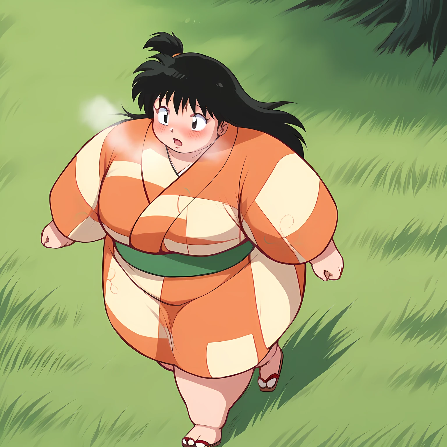 score_9, solo, rin_inuyasha, black hair, long hair, side ponytail, kimono, cute, ,, grass, tree, natural lighting fat, chubby, obese, gigantic arms and legs, large breasts open mouth, out of breath, running , blush, from above