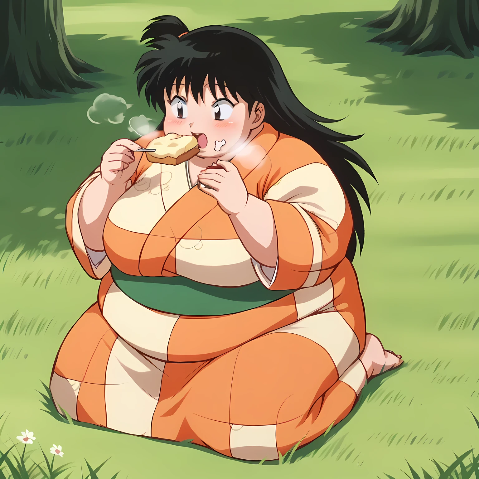 score_9, solo, rin_inuyasha, black hair, long hair, side ponytail, kimono, cute, ,, grass, tree, natural lighting fat, chubby, obese, large breasts open mouth, out of breath, eating food, tones of food besides,