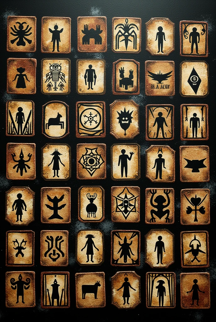 generates the image of the Cards for the board of a Mapuche game Description: Letters that trigger events based on Mapuche myths. Examples include:
1. Appearance of a Ngen: A protector of nature 2. Pillan tremor: An earthquake, showing Pillán with an angry gesture.
3. Antu's rain: A sun and rain event, with a sky half sunny and half rainy.
4. Visit from a Machi: A healer who offers spiritual help, with the image of a Machi playing her Kultrún.
Create the image of those four cards