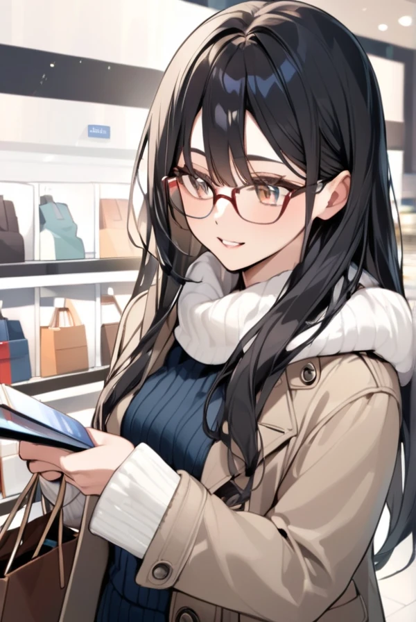 Black hair, long hair, glasses, winter clothes, shopping, shopping mall