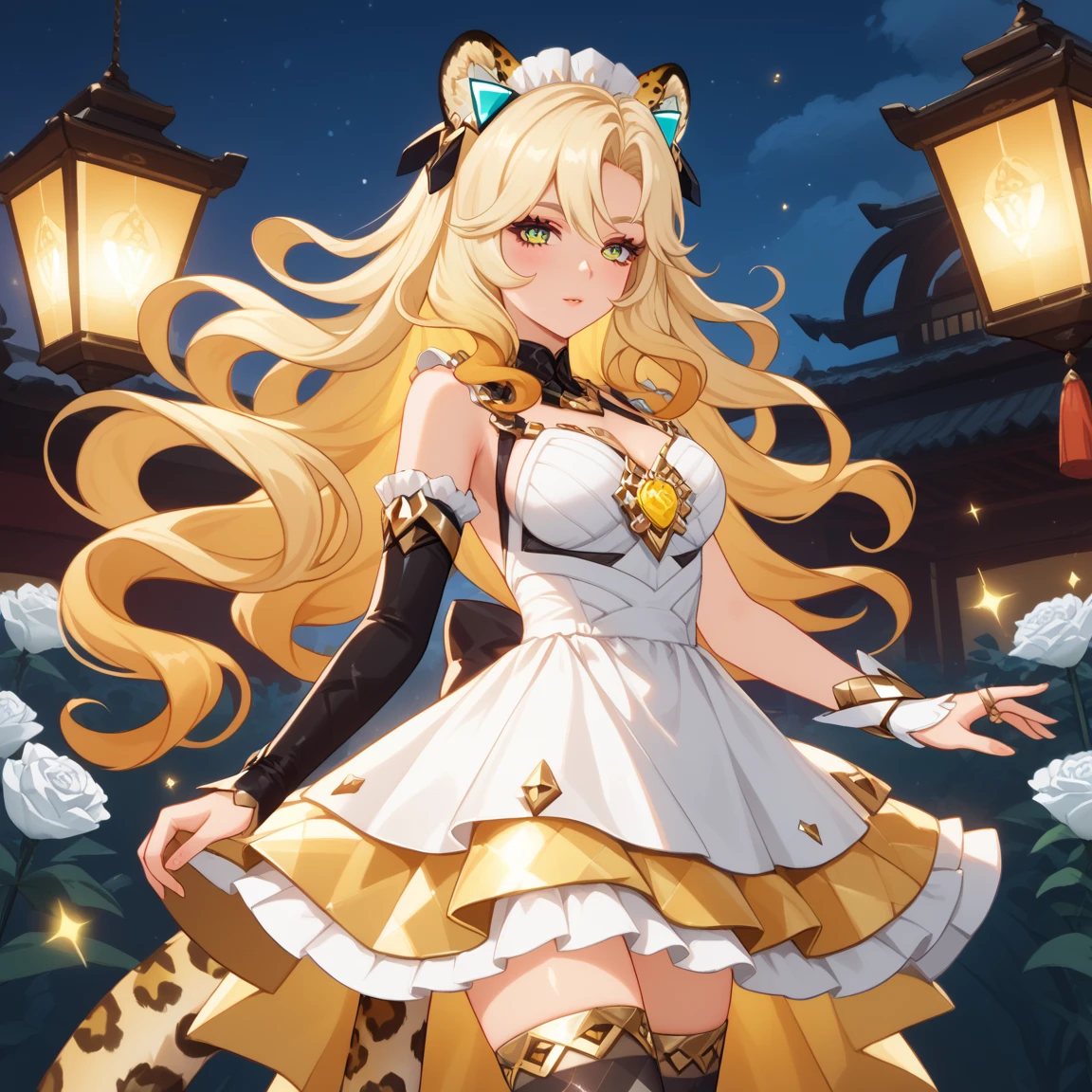 1girl, dress, jewelry, blonde hair, flowing hair, long hair, solo, white roses, jaguar ears, jaguar tail, firefly, long flowing hair, floating hair, ornament hair, Looking at the viewer, flowing hair, magical girl, asymmetrical gloves, elbow gloves, Beautiful Eyes, maid, maid dress, maid headdress, white headdress, maid apron, white apron, dress with too many frills, white dress, yellow laces, white Short skirt, skirt with layers, small skirt, skirt with layers, Drape clothes, yellow gem, Lace trim, lux balcony, luxury gold details, gold jewelry, more details, best quality, blushing, Striped Lace Stockings, short skirt, sparkle, solo, centered girl, cowboy shot, glowing hair, white roses, magical girl, sparkles, more details on her clothes, dress with transparency, golden details on her dress, night, oriental lanterns