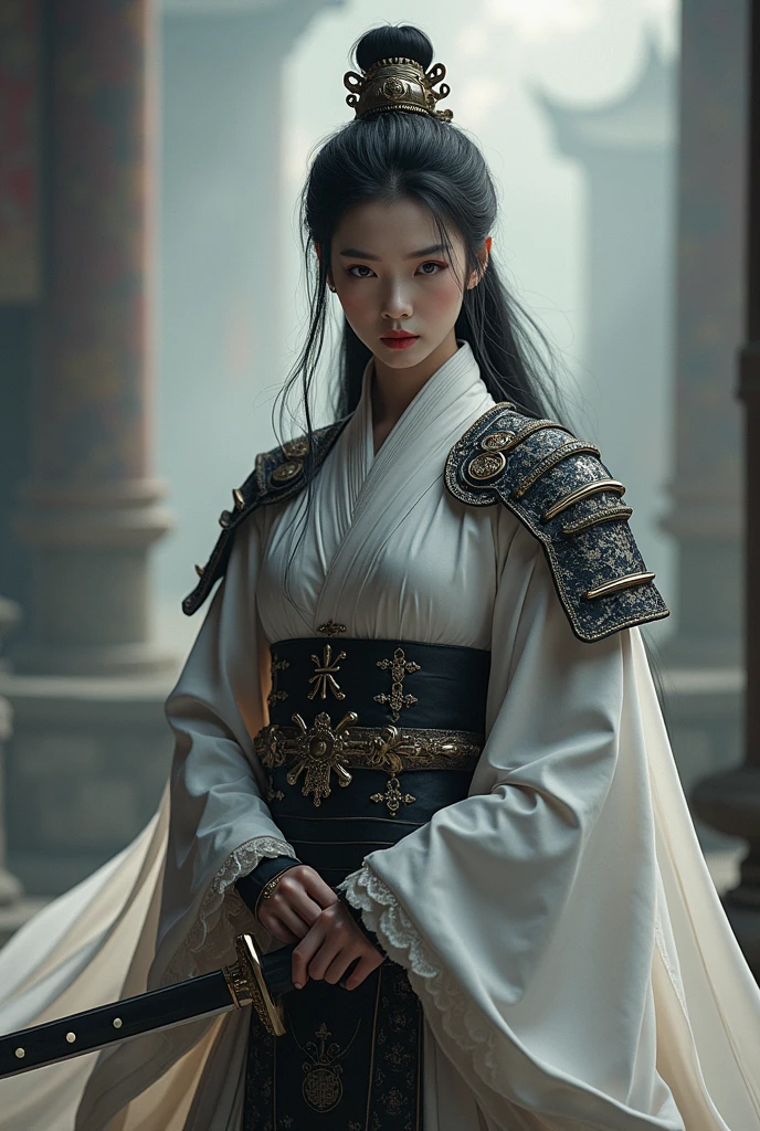 a close up of a woman with a sword in a white dress, a character portrait by Yang J, trending on cgsociety, fantasy art, beautiful character painting, artwork in the style of guweiz, guweiz, white hanfu, flowing white robes, full body wuxia, epic exquisite character art, stunning character art, beautiful female assassin