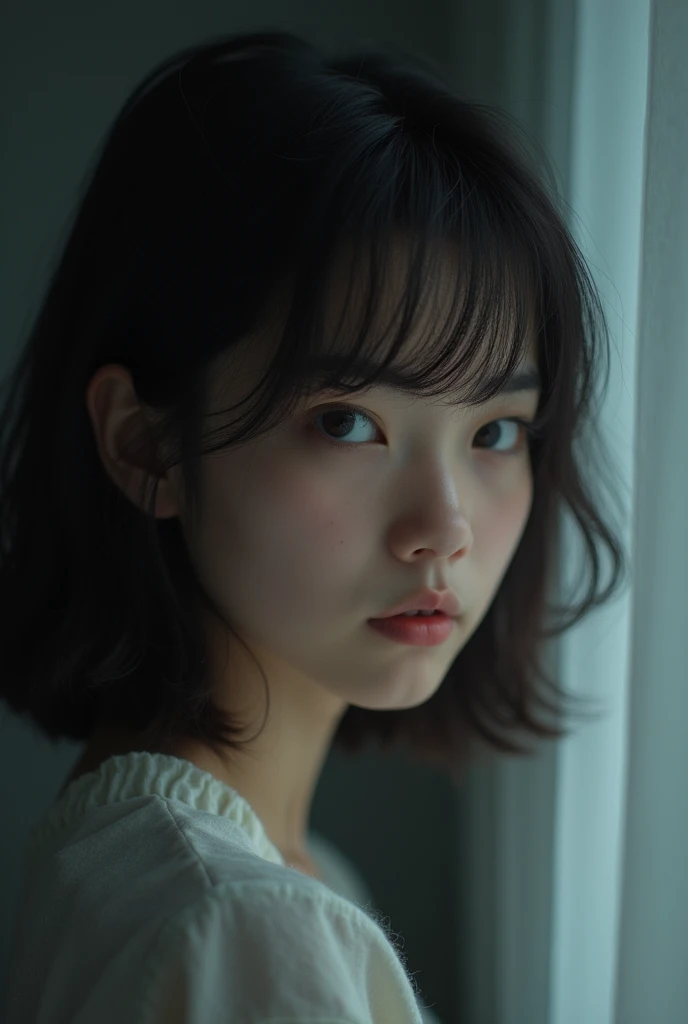 wide bob cut, Cinematic composition、Unexpected angles、born々New skin texture、Arm hair、Realistic skin texture (1.8), Pore details (1.7), Fine vellus hair (1.7), Micro skin relief (1.6), Natural skin moisture (1.5), Skin translucency (1.6), Soft skin highlights (1.7), Subtle goosebumps (2.5), Subsurface scattering (1.7), Macro skin detail (1.8)Black sleeveless、pores、 Dark Room,Always Details,finely,High resolution, HDR,Deep Shadows,High Contrast,(8K、born写真、Highest quality、masterpiece:1.2)、(Realistic,Photorealistic:1.8) ,whole body,Amazing beautiful eyes,Natural Lip,(Saggy breasts:1.1)( Squint eyes :1.2)1 girl、Seeing the viewer、Beautifully detailed face,,Half-open mouth,、narrow,Floating Hair,dark brown hair, short hair, brown eyes, front, detailed face,Japanese girl sitting in the middle of the room,Wide angle of view, messy room, looking at camera, black camisole,Arm hair、Brown Hair,Seeing the viewer,Beautifully detailed face, cinematic light,(film gain:1.4)|(VHS Video:1.2)(old analog film photography:1.4) Vintage film (1.8), Analog camera (1.5), Film grain (1.4), Light leak (1.2), Soft focus (1.3), Warm tones (0.2), Retro aesthetic (1.7), Lomography (1.3), Nostalgic atmosphere (1.8), Polaroid-style (1.5), Faded colors (1.9), Dreamy look (1.3), Overexposed (1.1), Vignette effect (1.8), Blurred edges (1.4),dusty room,Moist Skin、Beautifully detailed face,