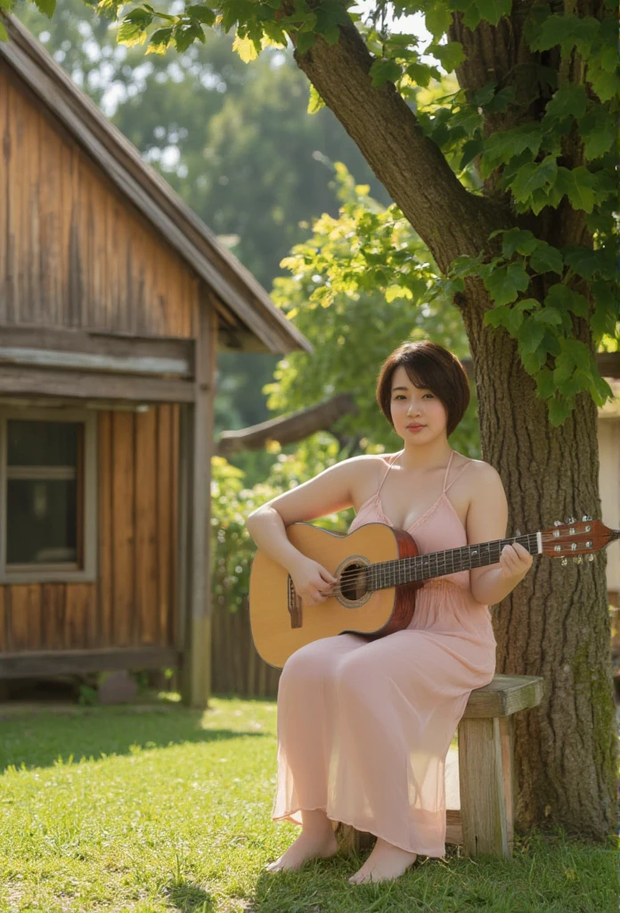 Beautiful malay girl, a bit curvy, short hair, wearing knee-lenght sleeveless chiffon sleepdress, sitting on wooden bench playing accoustic guitar, in front of village house, under the bayan tree, look at the viewer, natural morning light, realistic photography, wide angle shot, detailed facial features, intricate clothing folds, soft lighting, photorealistic, cinematic composition, high quality, 8k, masterpiece