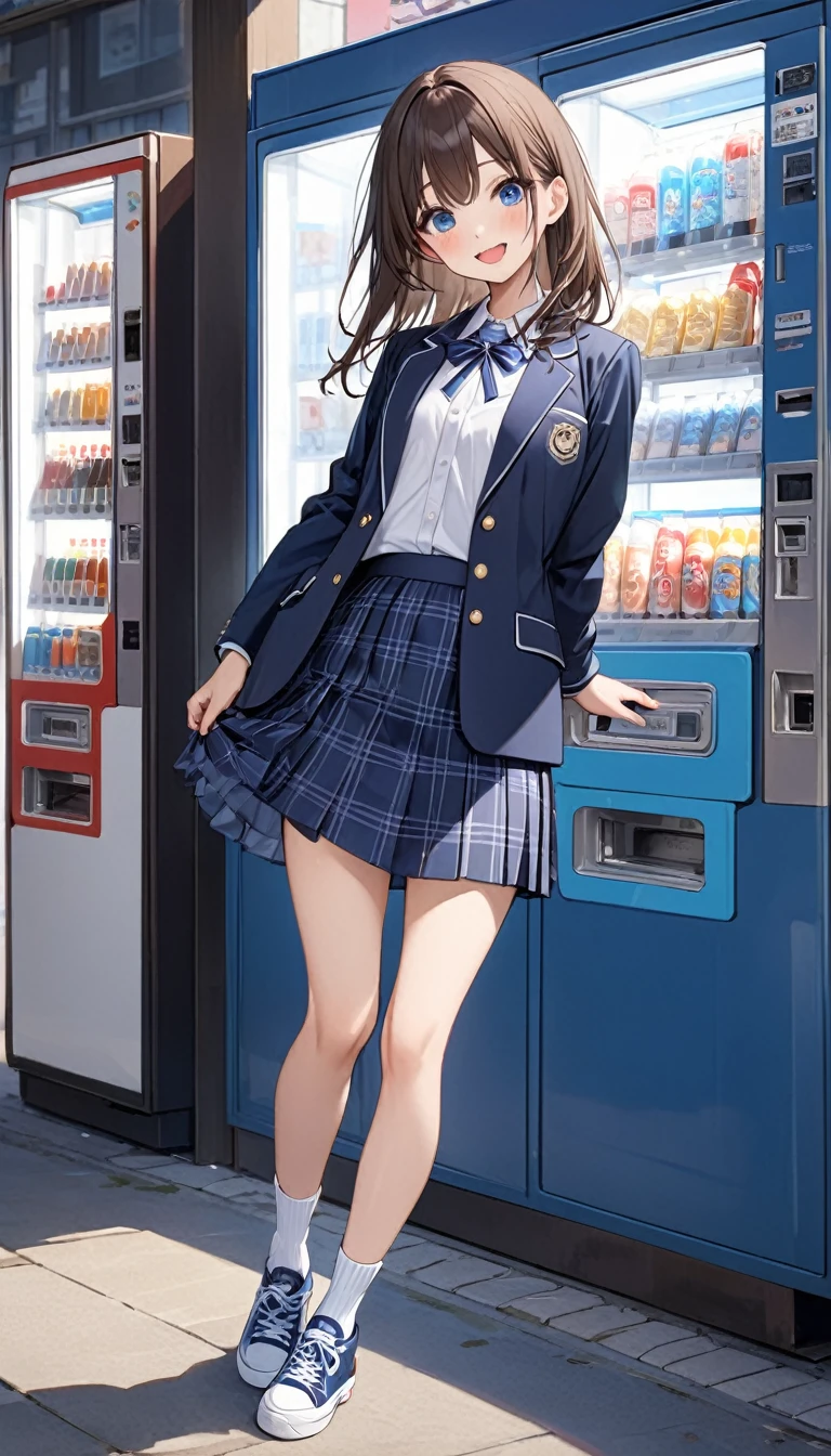 (((Japanese JK uniform, navy blue blazer,navy blue plaid box skirt,white long loose socks ,))), full body、masterpiece,  best quality,  very detailed, Thin legs、 beautiful details , Depth, Fine texture, sharp. skin,  very cute girl、Alone、Happy smile、blush, open mouth、 deep blue eyes, Brown Hair、open jacket、 sneakers、 small breasts、See vending machines、The riverside promenade、