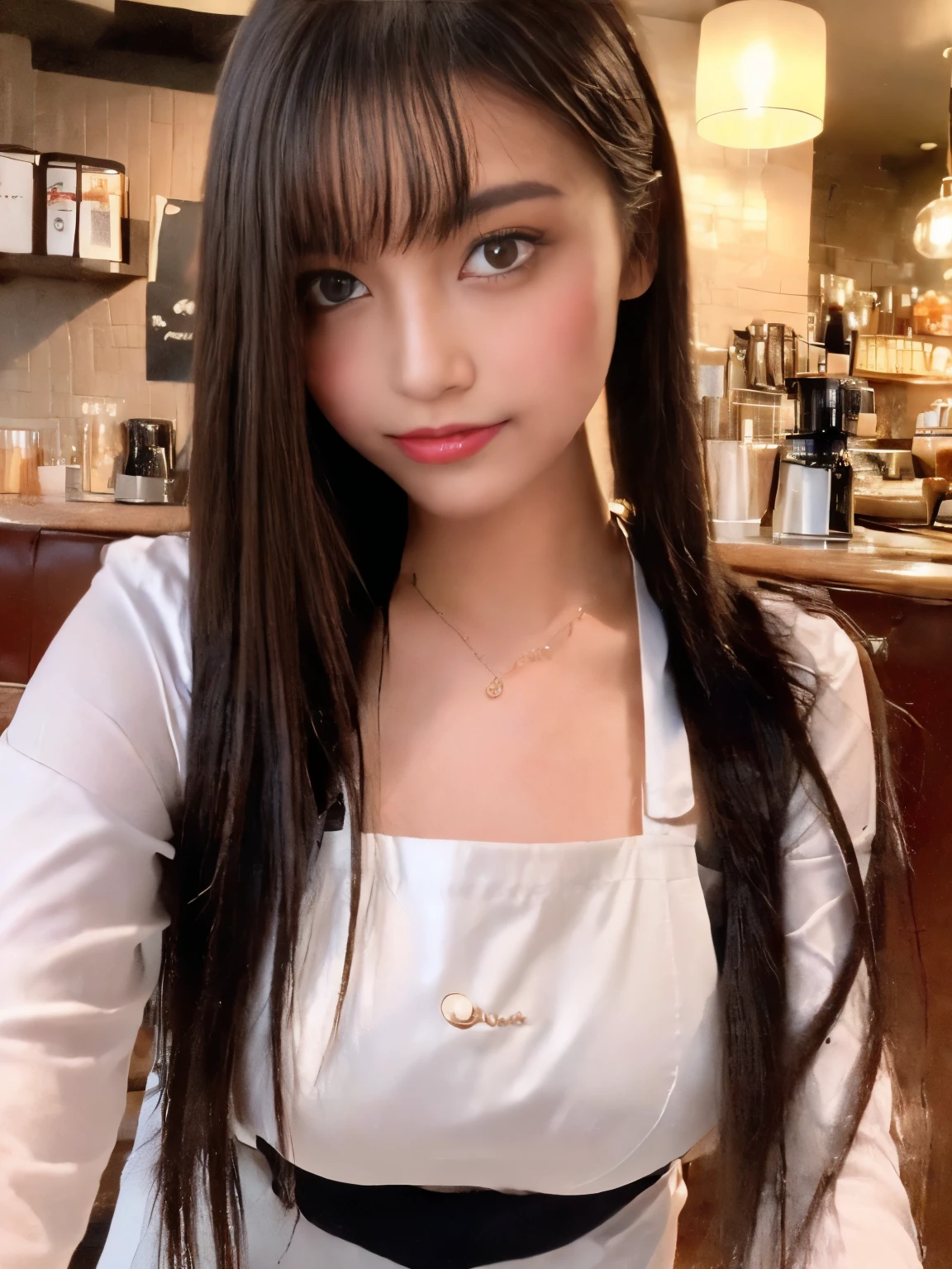 ( best quality, 8k, high definition , Photographically:2.0), (Alone, one girl who is at ease:2.0),(illumination: Front),(illumination: strong),( the ultimate beautiful girl:2.0),(shiny skin),( oily skin ),( gentle and beautiful smile :1.3),( Long Straight Hair :2.0),(American Beauty:2.0), cheek brown makeup , Dark Eye Makeup , Using a pink gloss lip ,( A girl with big beaded eyes :1.5),( skinny girl :1.5),( Girl with a baby face ),( sex appeal :1.7),(Sweet-smelling girl),( shot at a cafe in an unsafe area :1.5),( A girl who works part-time at a cafe :1.5),( girl in a cafe uniform :1.5),(Popular cafe clerk ),( SHE WORKS FOR LOW PAY :1.5),( SHE HAVE A NICE SMILE ),( cafe work is hard ),( Her body has charming curves ),( She's aiming to become a barista),( She's very social and horny ),( She's good at latte art ),(She's the cafe's signature girl )