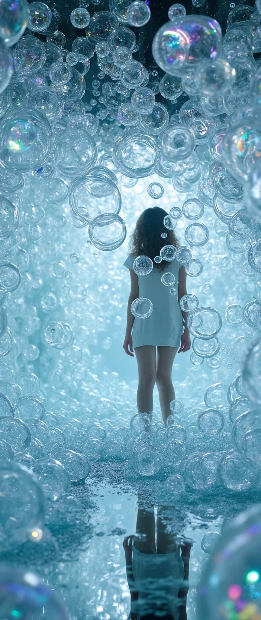 (masterpiece:1.2),( best quality),( super detailed),( photorealistic),( RAW photos ),16k,wallpaper,Magical bubbles,(Mirrored floor),(Beautiful bubble floating glass wall ),(A glass ceiling with beautiful foam floats),( room surrounded by beautiful bubble floating glass:2.0),progressive, Installation Art