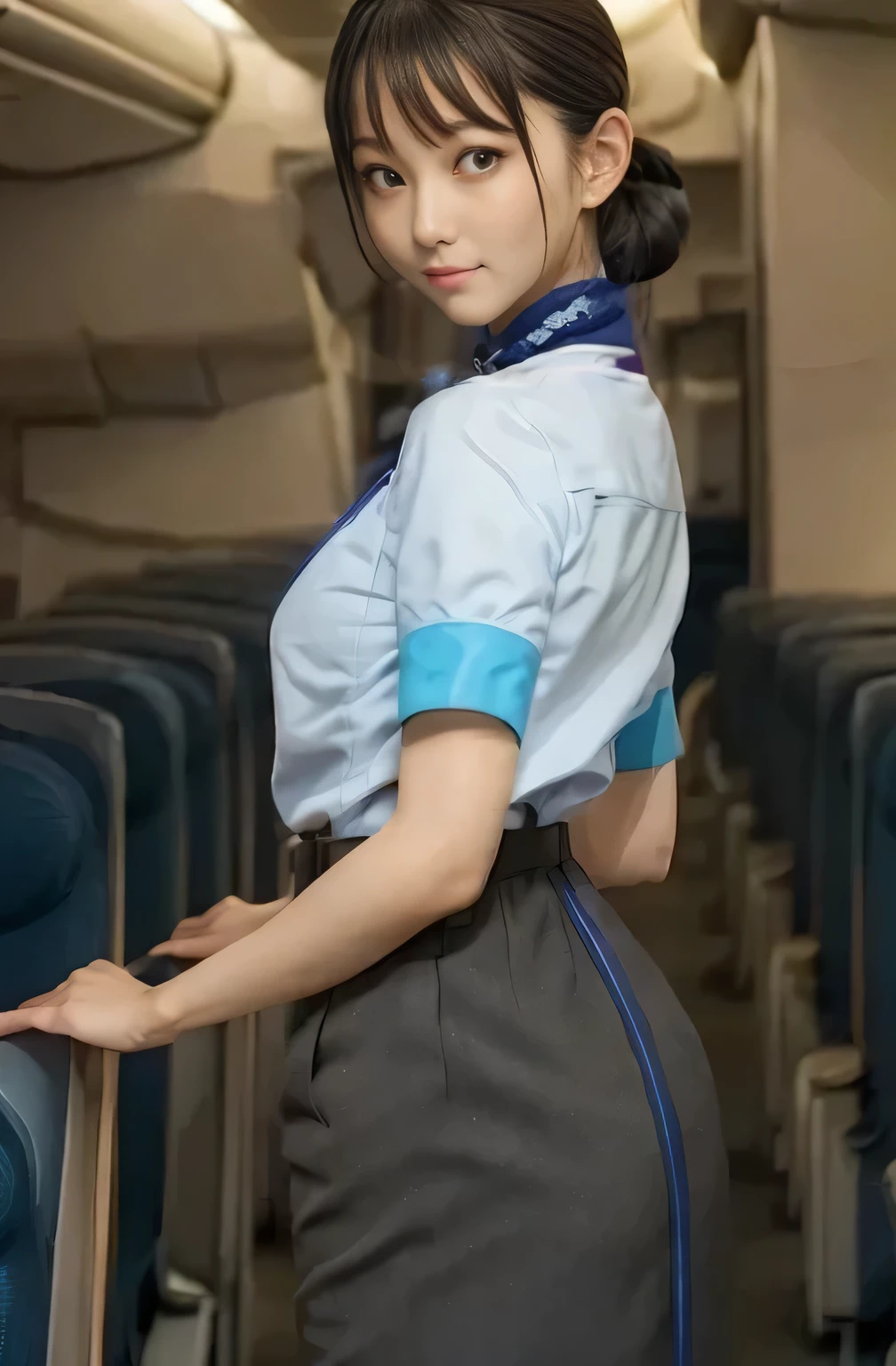 (masterpiece:1.2,  best quality:1.2), 32kHDR,  high definition, (Alone、  1 girl)、（ Rooftop of a building during the day 、 Professional Writing ）、 With the roof of a building in the background 、（ANA cabincrew uniform blueを着たリアルスタイル）、（（ANA cabincrew uniform blue blue short sleeve blouse 、ANA cabincrew uniform blue BLUE SKIRT WITH A BLUE LINE IN THE BACK、 Scarf around the neck ））、  Lots of Dark Brown Hair  、（Long Hair、Hair tied up、Hair tied up）、  Lots of Dark Brown Hair  、Long Hit、Big Breasts、Thin legs、（（ amazing hands：2.0）），（（  Harmonious body proportions against the background of a building roof ：1.5）），（（Normal limbs：2.0）），（（Usually ：2.0）），（（  Delicate Eyes ：2.0）），（（Normal eyes：2.0））)、smile、（ANA cabincrew uniform blueを見せた美しい後ろ姿）、Hands crossed underneath 
