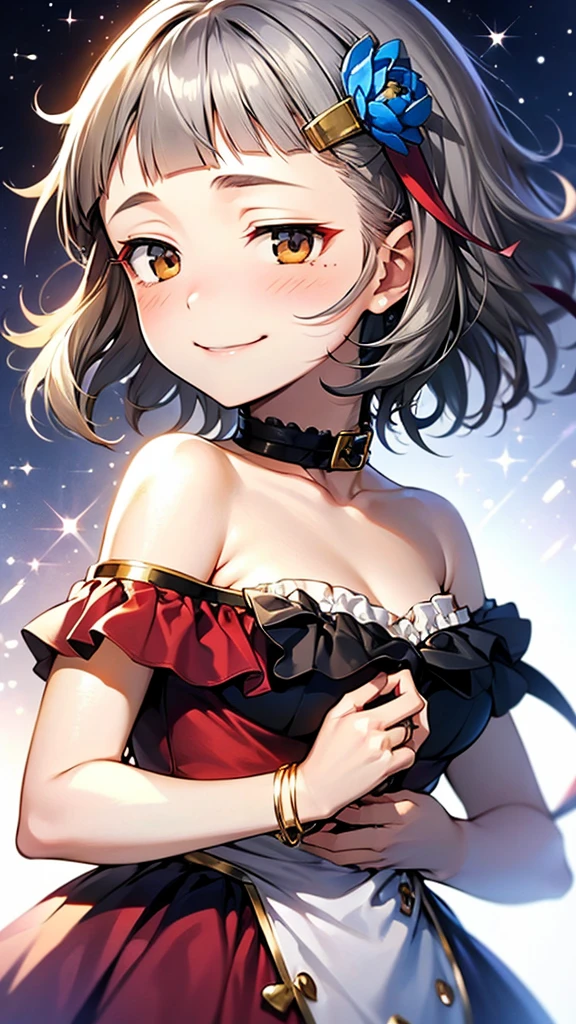 (((solo))), 1 woman, Sakuya Kurobane, sakuyaunif, kurobane_sakuya, brown eyes, short hair, grey hair, black hairband, (blue hair flower), red eyeliner, chest, blush, smile, (upper body), santa claus