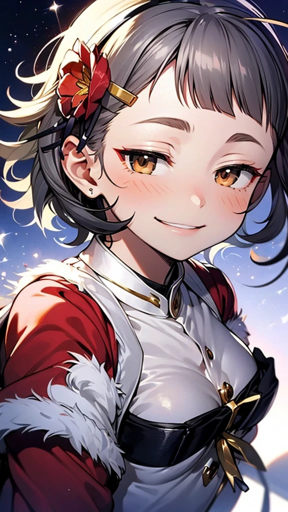 (((solo))), 1 woman, Sakuya Kurobane, sakuyaunif, kurobane_sakuya, brown eyes, short hair, grey hair, black hairband, (blue hair flower), red eyeliner, chest, blush, smile, (upper body), santa claus