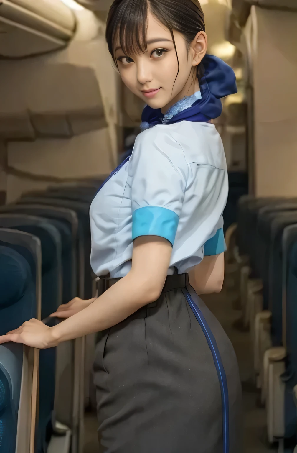 (masterpiece:1.2,  best quality:1.2), 32kHDR,  high definition, (Alone、  1 girl)、（ Rooftop of a building during the day 、 Professional Writing ）、 With the roof of a building in the background 、（ANA cabincrew uniform blueを着たリアルスタイル）、（（ANA cabincrew uniform blue blue short sleeve blouse 、ANA cabincrew uniform blue BLUE SKIRT WITH A BLUE LINE IN THE BACK、 Scarf around the neck ））、  Lots of Dark Brown Hair  、（Long Hair、Hair tied up、Hair tied up）、  Lots of Dark Brown Hair  、Long Hit、Big Breasts、Thin legs、（（ amazing hands：2.0）），（（  Harmonious body proportions against the background of a building roof ：1.5）），（（Normal limbs：2.0）），（（Usually ：2.0）），（（  Delicate Eyes ：2.0）），（（Normal eyes：2.0））)、smile、（ANA cabincrew uniform blueを見せた美しい後ろ姿）、Hands crossed underneath 
