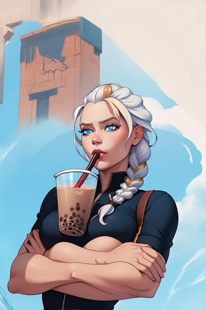 High Quality, Masterpiece, realistic, streaked hair, single braid, JainaProudmoore, bubble tea challenge, drinking straw, crossed arms, blue eyes,