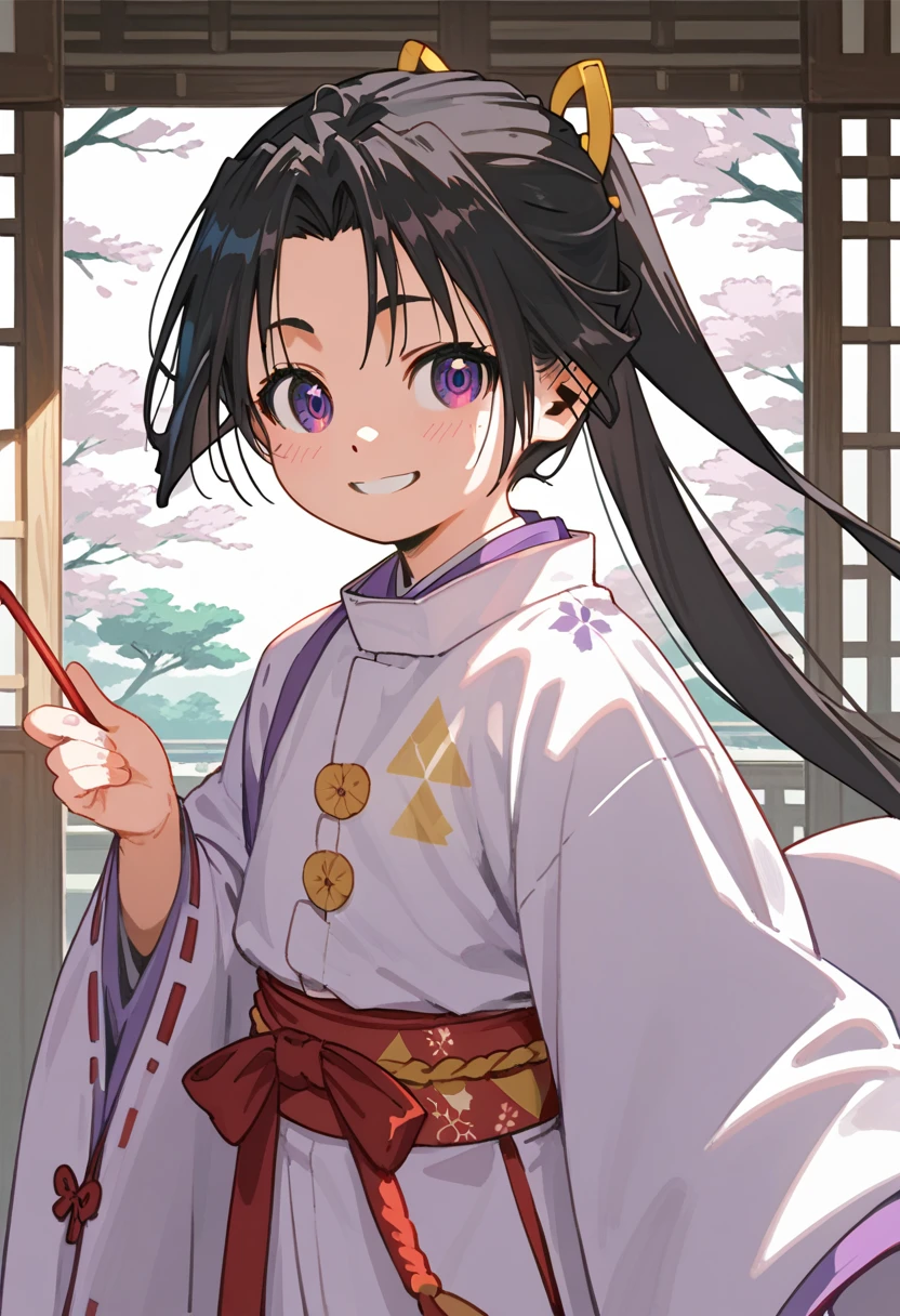 Anime,cute, smaller,Tokiyuki,1 person,Alone,  purple _eye, black_hair, kimono, red_ribbon,red面,smile,white_kimono