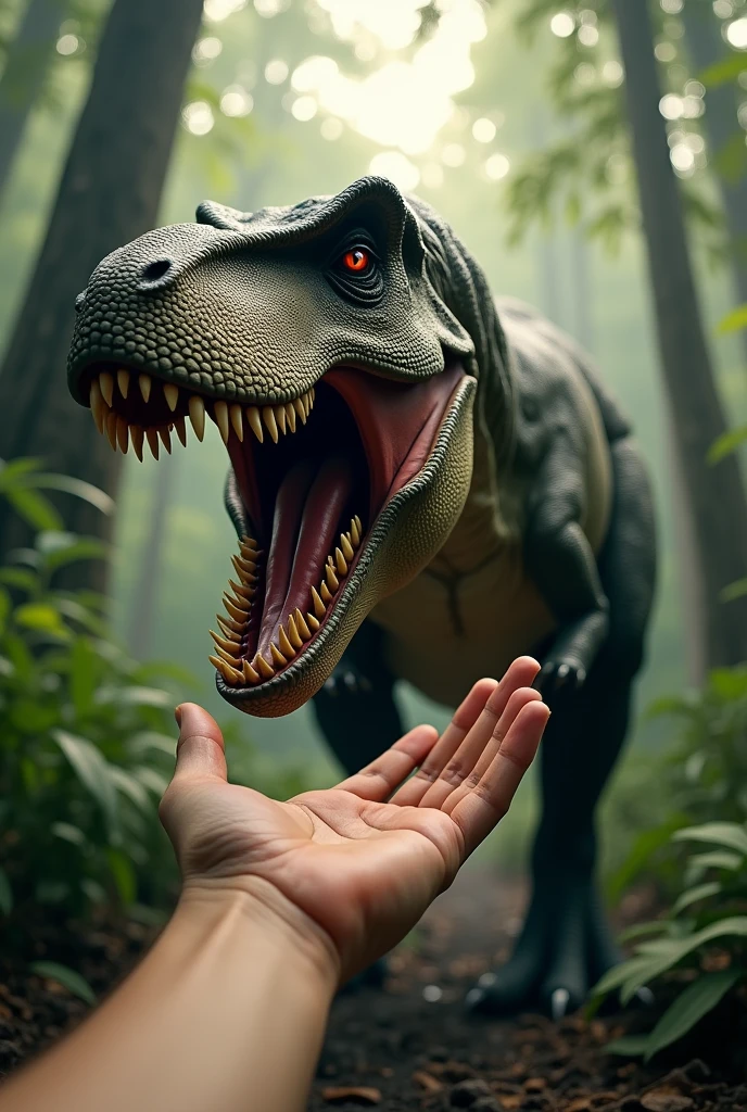 Scary T-rex in mens hand.Background forest