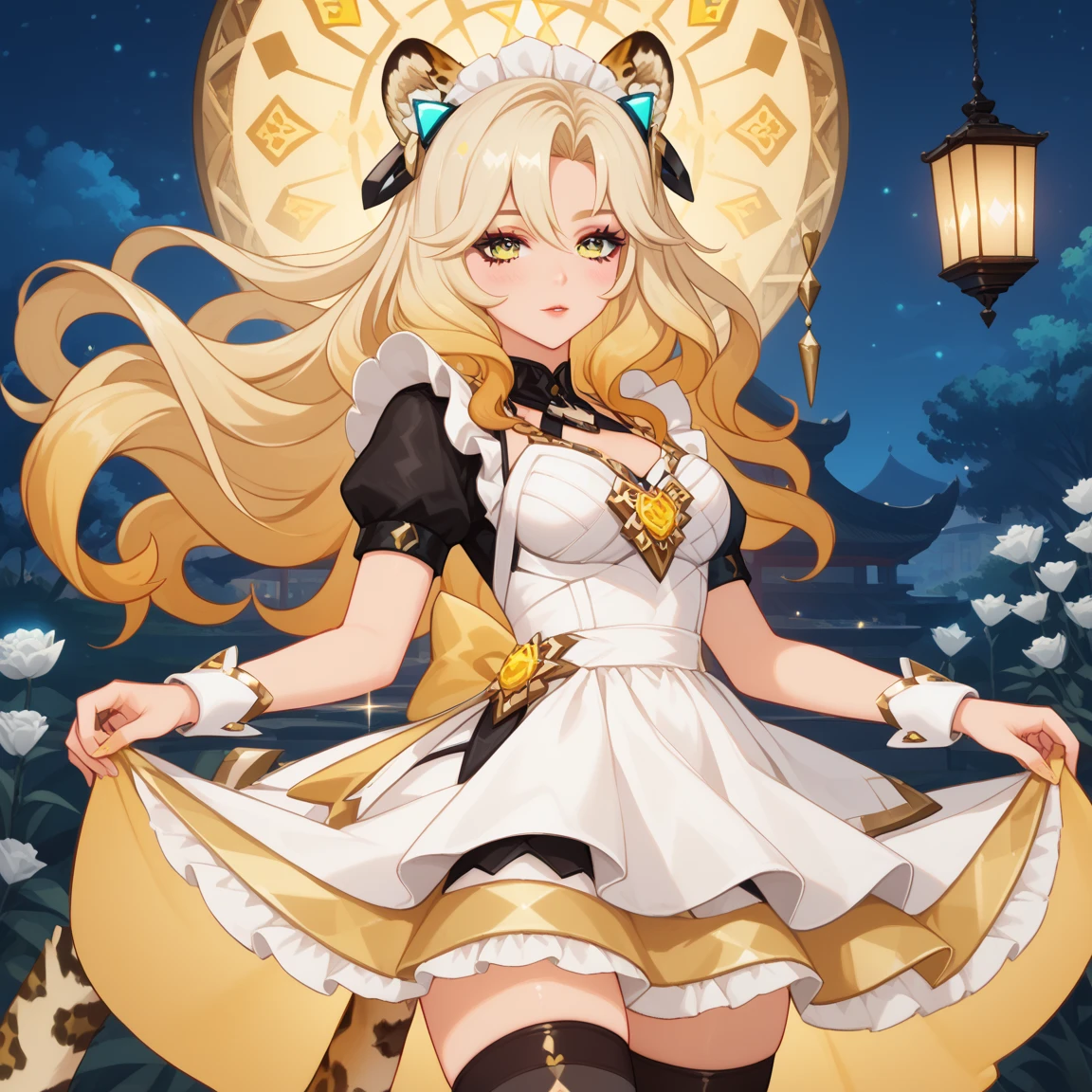 1girl, dress, jewelry, blonde hair, flowing hair, long hair, solo, white roses, jaguar ears, jaguar tail, firefly, long flowing hair, floating hair, ornament hair, Looking at the viewer, flowing hair, magical girl, Beautiful Eyes, maid, maid dress, maid headdress, white headdress, maid apron, white apron, dress with too many frills, white dress, yellow laces, white Short skirt, skirt with layers, small skirt, skirt with layers, Drape clothes, yellow gem, Lace trim, lux garden, luxury gold details, gold jewelry, more details, best quality, blushing, Striped Lace Stockings, short skirt, sparkle, solo, centered girl, cowboy shot, glowing hair, white roses, magical girl, sparkles, more details on her clothes, dress with transparency, golden details on her dress, night, oriental lanterns