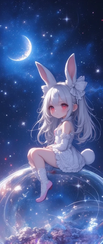 sitting on bubble\(huge,gigantic, elasticity,soft,beautiful,shining in vivid cosmic color,deflecting under the weight\) 1girl\(chibi,cute,kawaii,white hair,long hair,bangs,ear\(fluffy white bunny-ear\),red eye,big eye,beautiful shiny eye,skin color white,big hairbow,white frilled dress,breast,white rabbit tail at hip,\). .background\(at very high night sky,stars, big blue calescent-moon\). long shot. view looking up from ground,solo