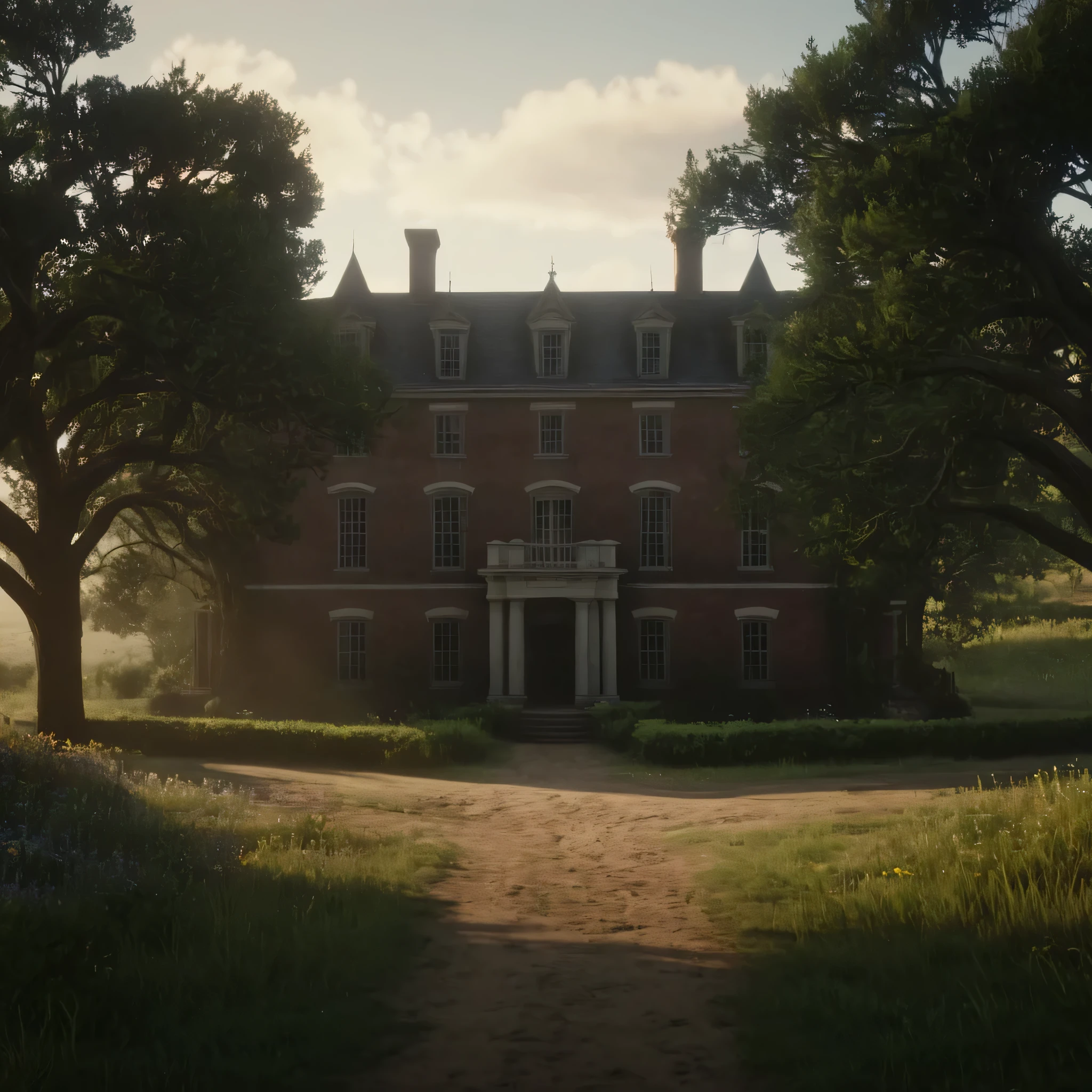 cinematic film still of cinematic film still of  big  Manor mansion with balcony 1900’s house  building gate at the end of pathway, trees and pathway leading towards house  tress surroundings it outdoors,sky,cloud,tree,grass,ground,wildflowers, wildlife, vehicle,building,scenery,motor vehicle,car,house,bicycle , epic, Western, adventures, outlaw, Red Dead, Western United States, wild west,  Open world, 1900's, realistic, cinematic, film look, dramatic light, partially covered in shadows, gang, Western-themed action-adventure, Red Dead Redemption style, shallow depth of field, vignette, highly detailed, high budget, bokeh, cinemascope, moody, epic, gorgeous, film grain, grainy