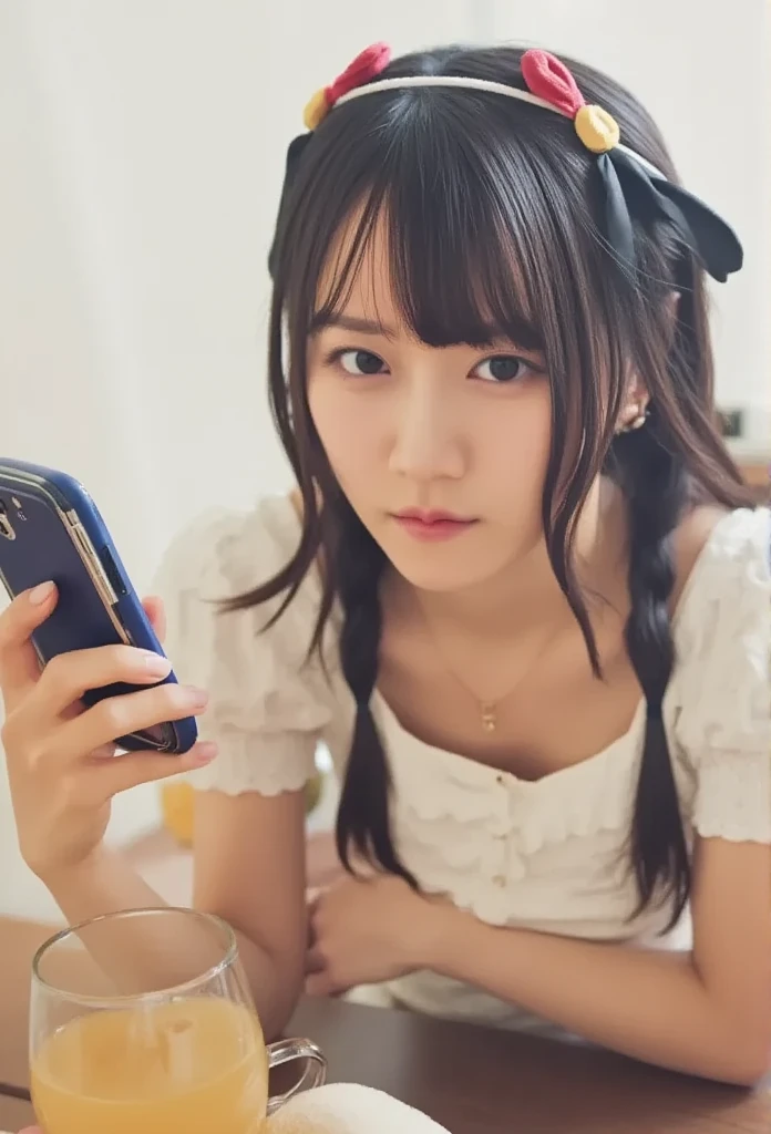 ((Lying face down in a dirty living room looking at a smartphone)) , detailed Room wear , , Twin tail hair , whole body , Twisted eyes,