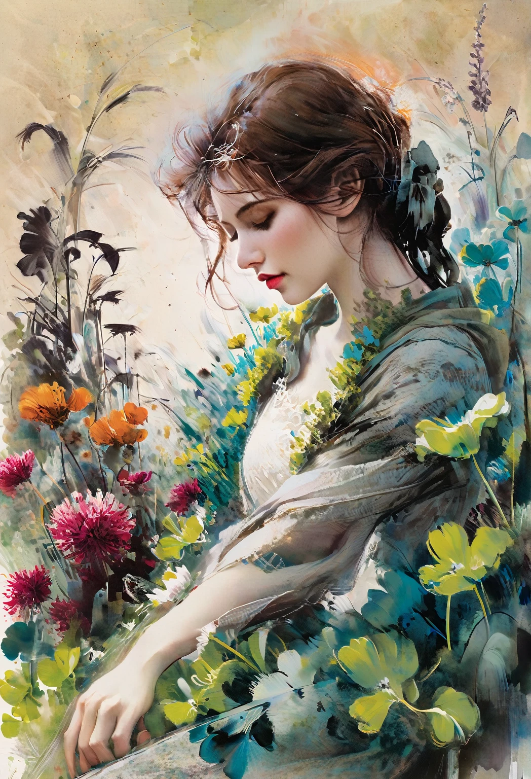 digital brushstrokes, a sense of depth and intrigue,
fluorescent skyline, neon cityscape in the background,
1939, illustration of a woman in a flower meadow among clovers, romantic illustration, high resolution, Wimmelbilder, official art
style of Bastien Lecouffe-Degarme, Carne Griffiths, E. Abramzon, Raphael, Caravaggio,