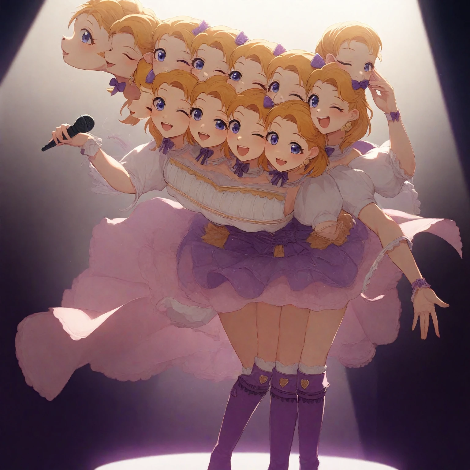 (masterpiece, best quality), best resolution, 16k, full body shot, perspective view, front lighting, (idol), idol clothes, idol dress, 1girl, solo, (conjoined, three heads: 1.5), standing, dancing, holding microphone, wink, happy, open mouth, cute boots, ribbon on head, concert stage, spotlight, extremely high details, detailed shadow