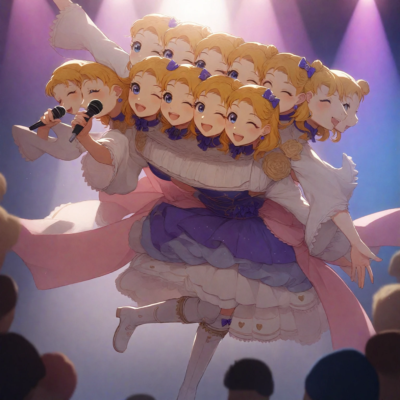 (masterpiece, best quality), best resolution, 16k, full body shot, perspective view, front lighting, (idol), idol clothes, idol dress, 1girl, solo, (conjoined, three heads: 1.5), standing, dancing, holding microphone, wink, happy, open mouth, cute boots, ribbon on head, concert stage, spotlight, extremely high details, detailed shadow