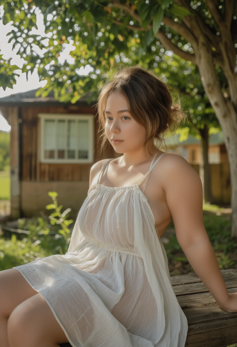 indonesian girl, a bit curvy, messy hair, wearing knee-lenght sleeveless chiffon sleepdress, sitting on wooden bench in front of village house, under the bayan tree, look at the viewer, natural morning light, realistic photography, wide angle shot, detailed facial features, intricate clothing folds, intricate fabric details, realistic skin texture, soft lighting, photorealistic, cinematic composition, high quality, 8k, masterpiece