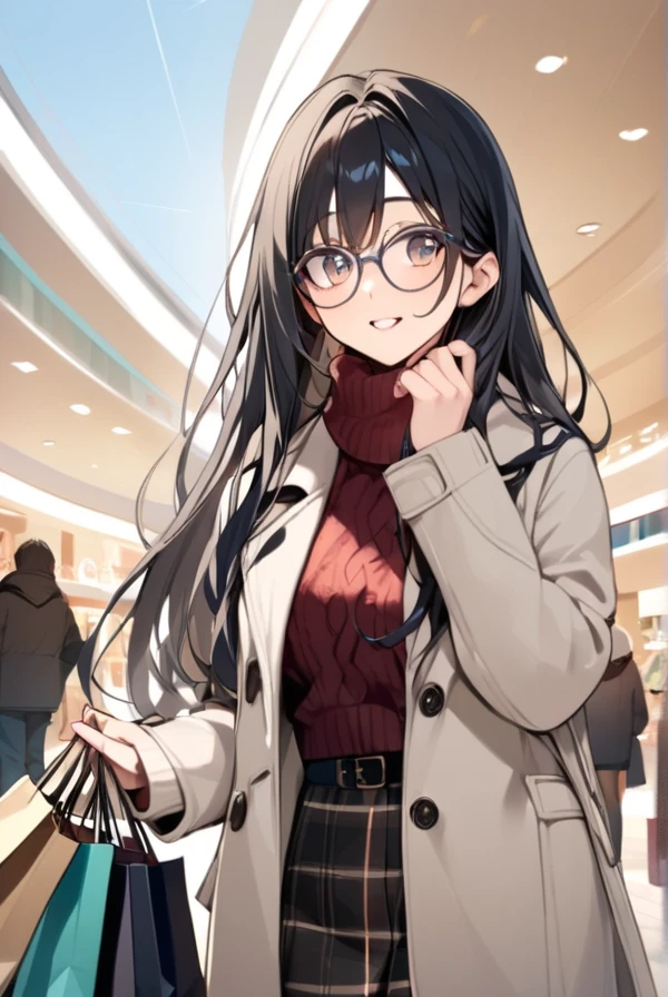 Black hair, long hair, glasses, winter clothes, shopping, shopping mall