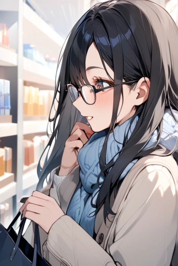 Black hair, long hair, glasses, winter clothes, shopping, shopping mall