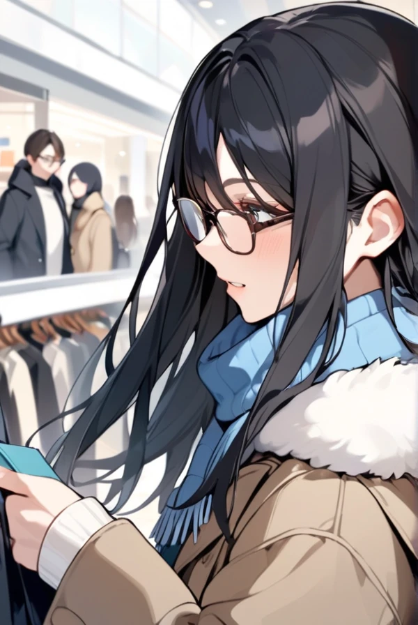 Black hair, long hair, glasses, winter clothes, shopping, shopping mall