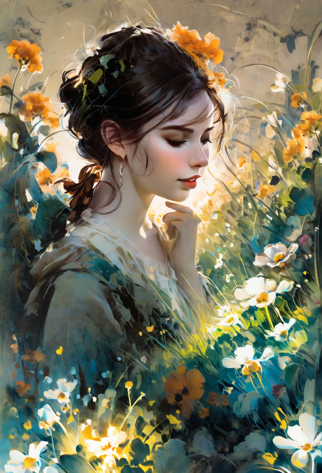 digital brushstrokes, a sense of depth and intrigue, fluorescent skyline, neon cityscape in the background, 1939, illustration of a woman in a flower meadow among clovers, romantic illustration, high resolution, Wimmelbilder, official art style of Bastien Lecouffe-Degarme, Carne Griffiths, E. Abramzon, Raphael, Caravaggio,