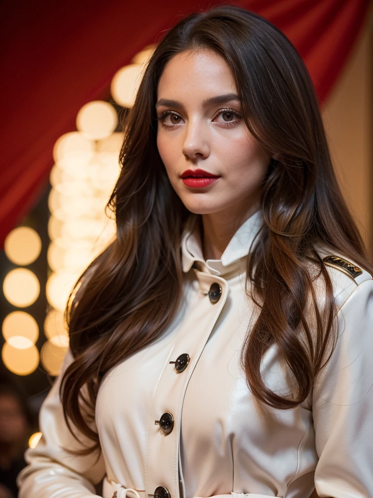 A half-body portrait of a gorgeous, stunning, long brown-haired Argentinian woman, defined curls, fair porcelain skin, elegant make-up with scarlet red lipstick, long black leather coat with buttons, white-pink sweater, black trousers, scarf, boots, classic leather backpack, charming countenance, posing for camera, high resolution photograph, UHD, golden ratio, ultra fine details.
