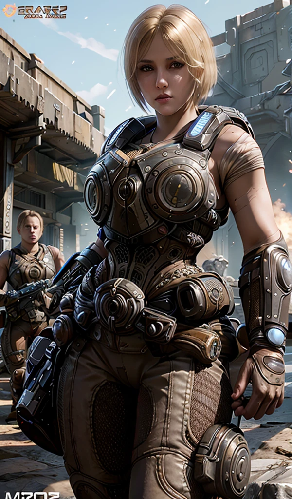 Anya Stroud. A beautiful blonde woman. Gears of war Female soldier. Half Short blonde hair. Naked arms. GEARS OF WAR female armor. Holding her gnasher shotgun and aiming ready to fire her enemies. Intricate detailed face. Aiming with shotgun, ready to fire. Wide hips. Strong complexion. In a mission. Gears sexy. heavy steel Armored bodysuit. Gears of war Female soldier. Gears of war universe. blue little lights on armor 