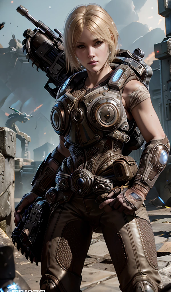 Anya Stroud. A beautiful blonde woman. Gears of war Female soldier. Half Short blonde hair. Naked arms. GEARS OF WAR female armor. Holding her gnasher shotgun and aiming ready to fire her enemies. Intricate detailed face. Aiming with shotgun, ready to fire. Wide hips. Strong complexion. In a mission. Gears sexy. heavy steel Armored bodysuit. Gears of war Female soldier. Gears of war universe. blue little lights on armor 