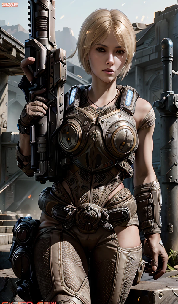 Anya Stroud. A beautiful blonde woman. Gears of war Female soldier. Half Short blonde hair. Naked arms. GEARS OF WAR female armor. Holding her gnasher shotgun and aiming ready to fire her enemies. Intricate detailed face. Aiming with shotgun, ready to fire. Wide hips. Strong complexion. In a mission. Gears sexy. heavy steel Armored bodysuit. Gears of war Female soldier. Gears of war universe. blue little lights on armor 