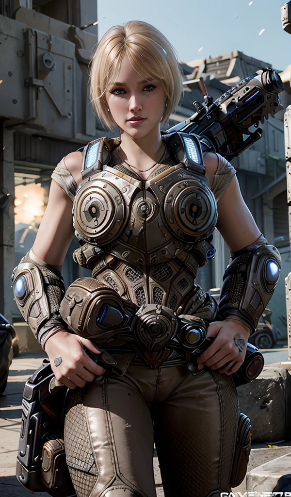 Anya Stroud. A beautiful blonde woman. Gears of war Female soldier. Half Short blonde hair. Naked arms. GEARS OF WAR female armor. Holding her gnasher shotgun and aiming ready to fire her enemies. Intricate detailed face. Aiming with shotgun, ready to fire. Wide hips. Strong complexion. In a mission. Gears sexy. heavy steel Armored bodysuit. Gears of war Female soldier. Gears of war universe. blue little lights on armor 