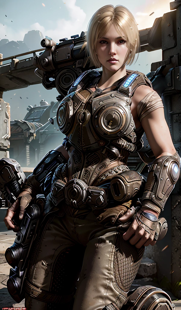 Anya Stroud. A beautiful blonde woman. Gears of war Female soldier. Half Short blonde hair. Naked arms. GEARS OF WAR female armor. Holding her gnasher shotgun and aiming ready to fire her enemies. Intricate detailed face. Aiming with shotgun, ready to fire. Wide hips. Strong complexion. In a mission. Gears sexy. heavy steel Armored bodysuit. Gears of war Female soldier. Gears of war universe. blue little lights on armor 