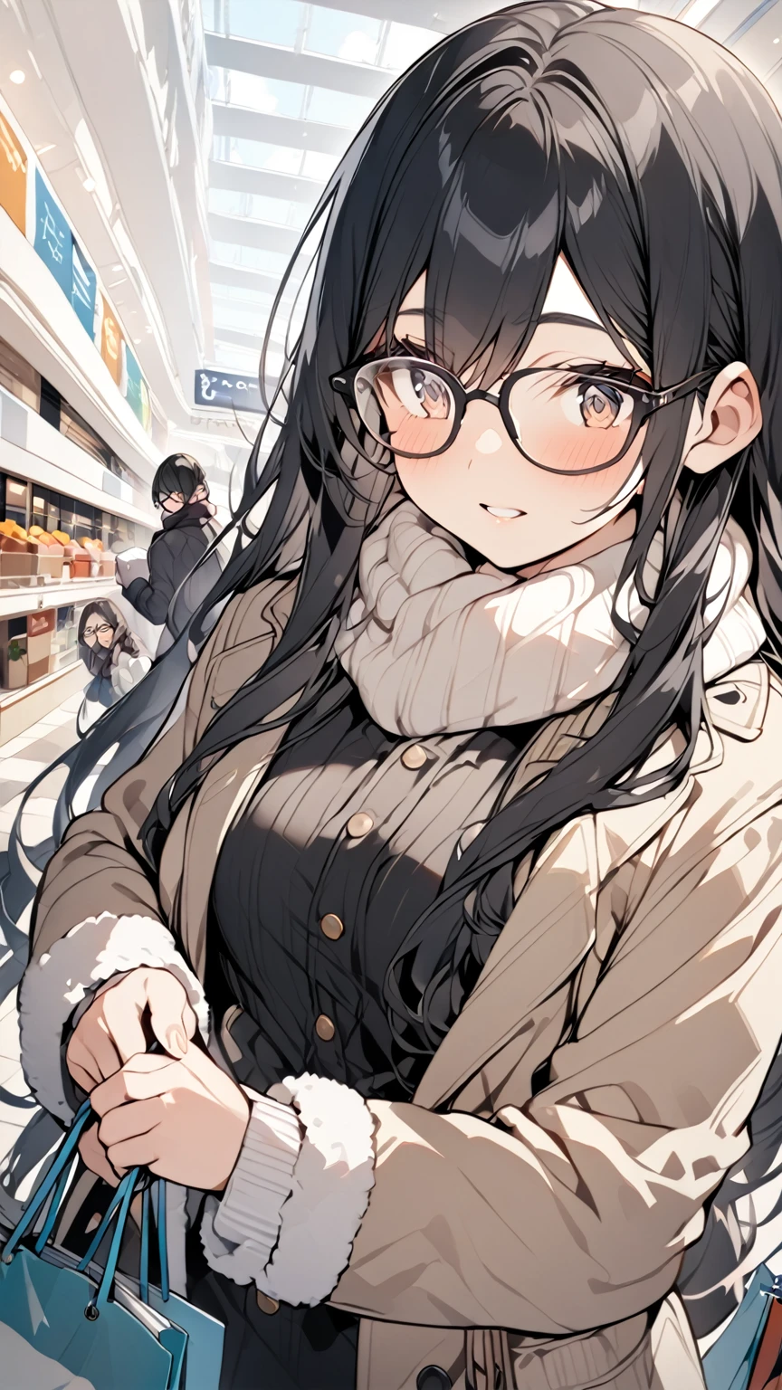 Black hair, long hair, glasses, winter clothes, shopping, shopping mall