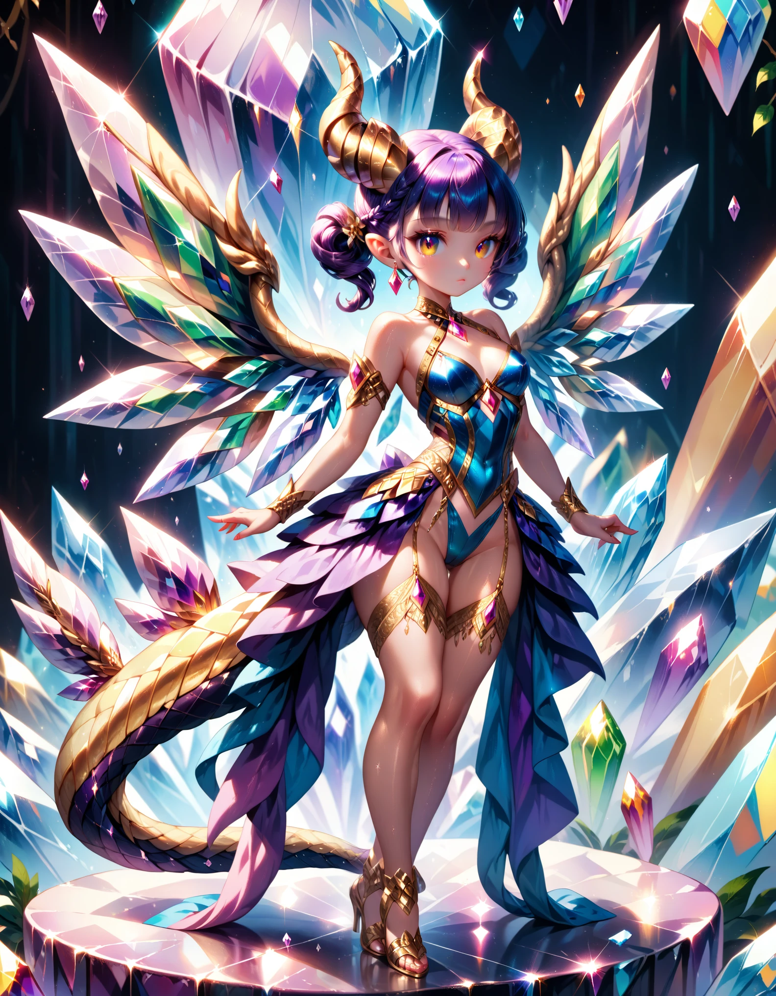 score_9, score_8_up, score_7_up, Intricate details, A delicate Gribbles work, Dragonized girl, (1girl, solo), full body, (crystallized armor, crystallized horns, crystallized wings, crystallized tail)