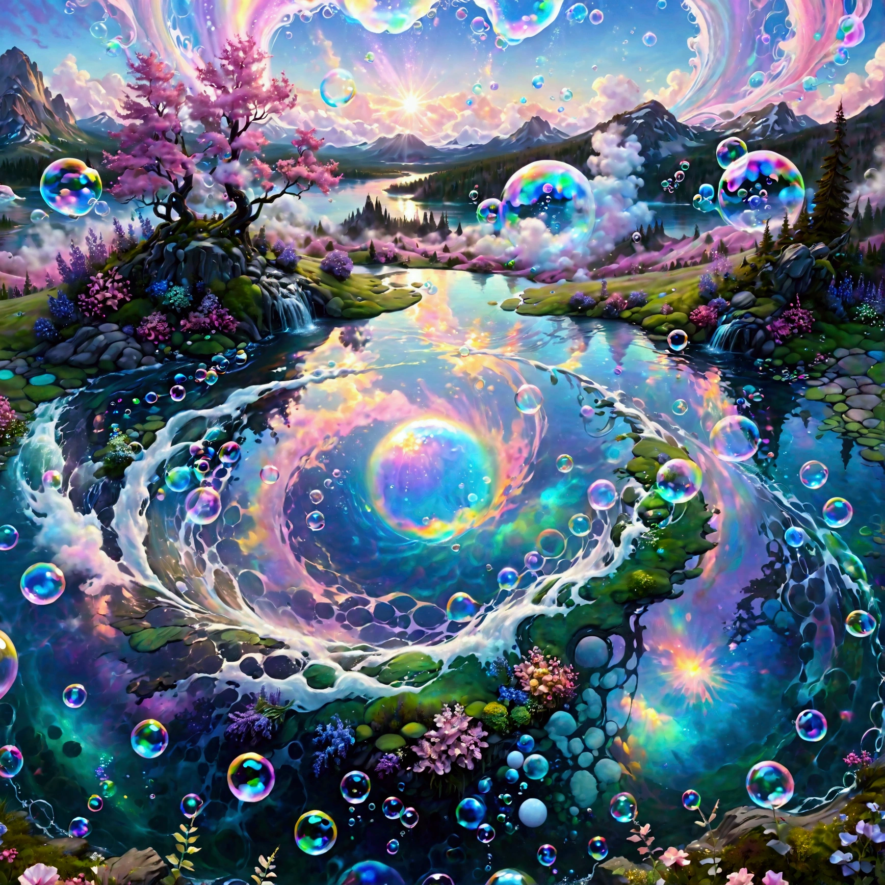 Bubbles stream, a pastel-colored, fantasy-inspired illustration of a magical lake featuring a giant swirling whirlpool filled with colorful, iridescent bubbles. The bubbles shimmer in soft hues of pink, blue, green, and lavender, glowing gently as they rise and swirl within the vortex. The lake’s surface is calm around the whirlpool, reflecting the vibrant colors of the bubbles and the surrounding ethereal landscape. The scene is bathed in soft, dreamlike light, with delicate brushstrokes emphasizing the magical and serene atmosphere. The overall mood is otherworldly, enchanting, and filled with a playful sense of wonder, (fantasy lake, giant whirlpool, colorful bubbles, iridescent, pastel colors, pink, blue, green, lavender, glowing, soft hues, calm surface, dreamlike light, ethereal landscape, delicate brushstrokes, magical atmosphere, serene, enchanting, playful wonder), bubbles cyclone, A huge bubble in the center of the swirl