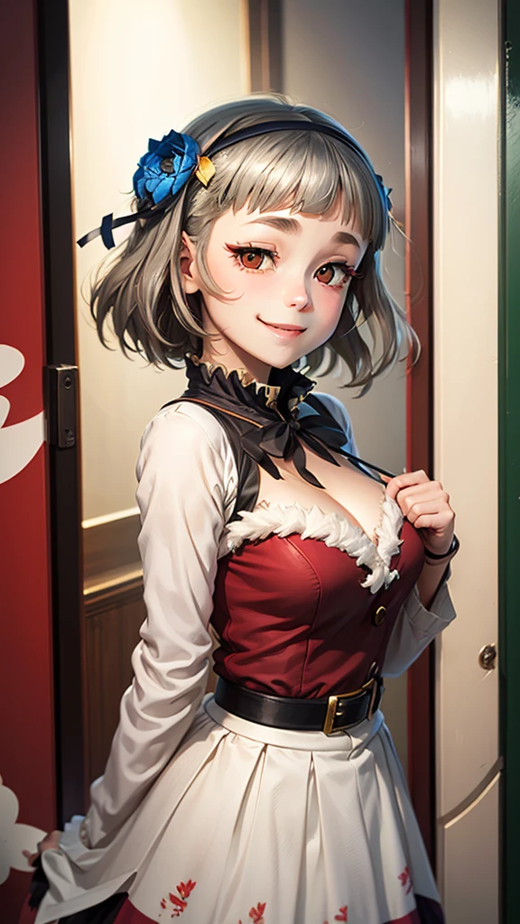 (((solo))), 1 woman, Sakuya Kurobane, sakuyaunif, kurobane_sakuya, brown eyes, short hair, grey hair, black hairband, (blue hair flower), red eyeliner, chest, blush, smile, (upper body), santa claus