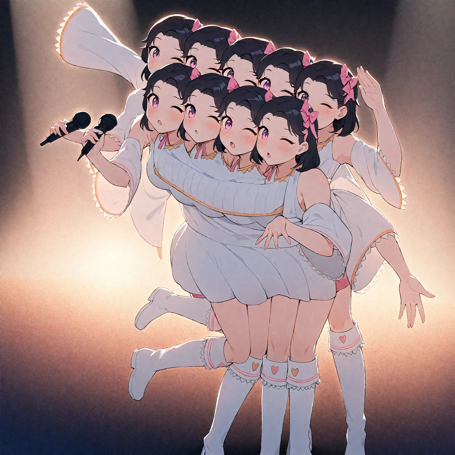 (masterpiece, best quality), best resolution, 16k, full body shot, perspective view, front lighting, (idol), idol clothes, idol dress, 1girl, solo, (conjoined, three heads: 1.5), standing, dancing, holding microphone, wink, happy, open mouth, cute boots, ribbon on head, concert stage, spotlight, extremely high details, detailed shadow