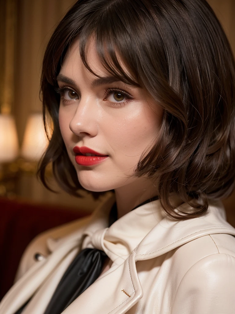 A half-body portrait of a gorgeous, stunning, long brown-haired Argentinian woman, pixie-cut, fair porcelain skin, elegant make-up with scarlet red lipstick, long black leather coat with buttons, white-pink sweater, black trousers, scarf, boots, classic leather backpack, charming countenance, posing for camera, high resolution photograph, UHD, golden ratio, ultra fine details.
